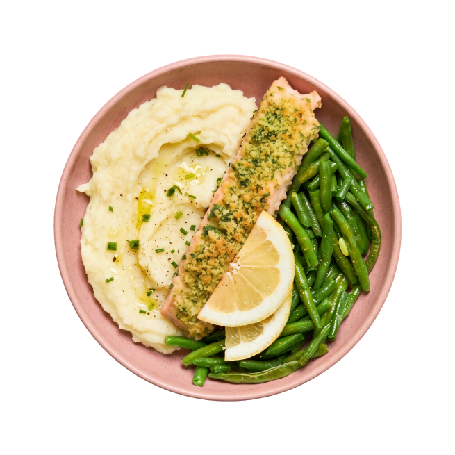 Saumon en croûte de persil, haricots verts & purée