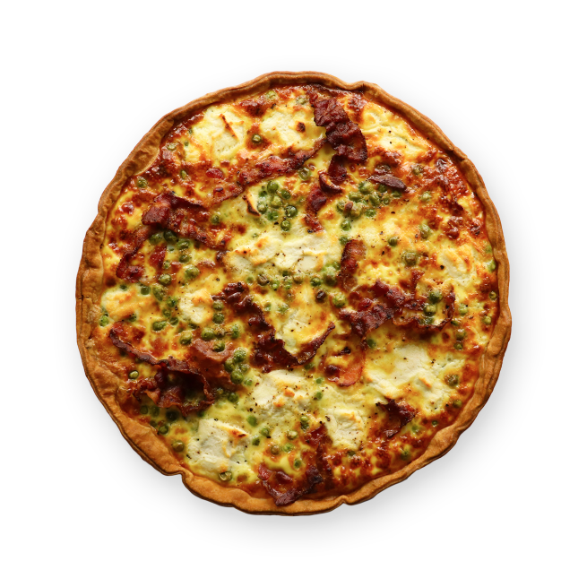 Quiche petit pois, lard & mozza