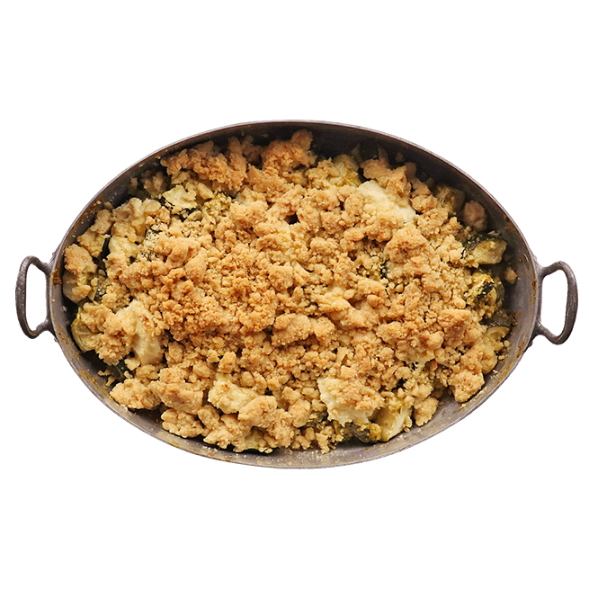 Crumble courgettes, pesto & chèvre
