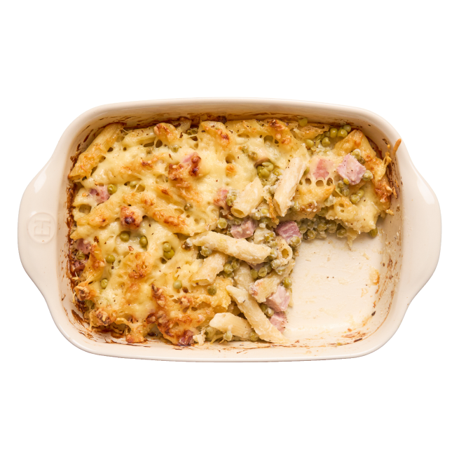 Gratin de pâtes au jambon & petits pois