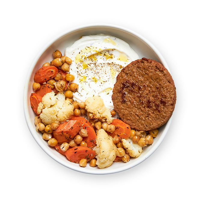 Légumes au air-fryer, galette végé & sauce yaourt