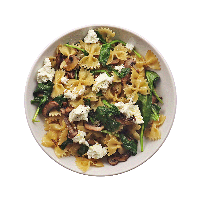 Pâtes au chèvre, champignons & épinards