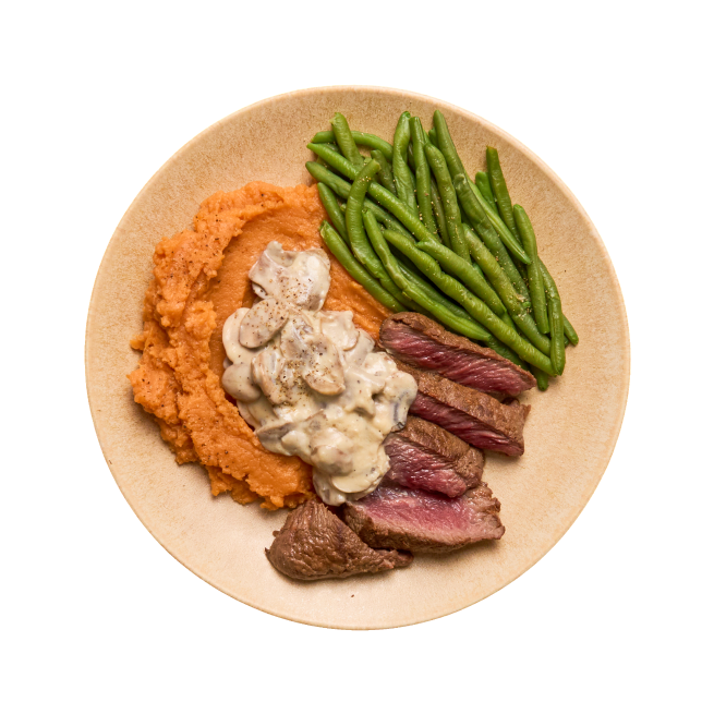 Pavé de bœuf, purée de patate douces & sauce aux champignons