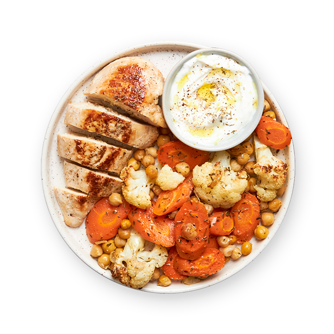 Légumes rôtis au air-fryer, poulet & sauce yaourt