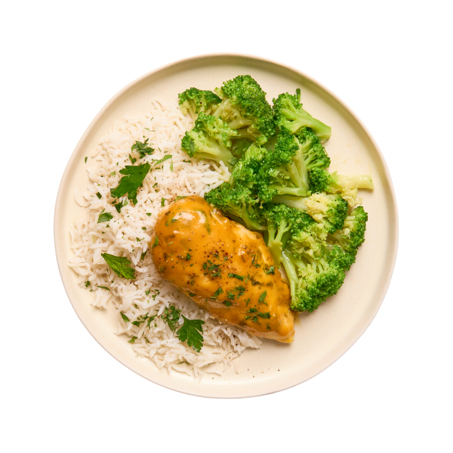 Poulet laqué à la confiture d'abricot, riz & brocolis