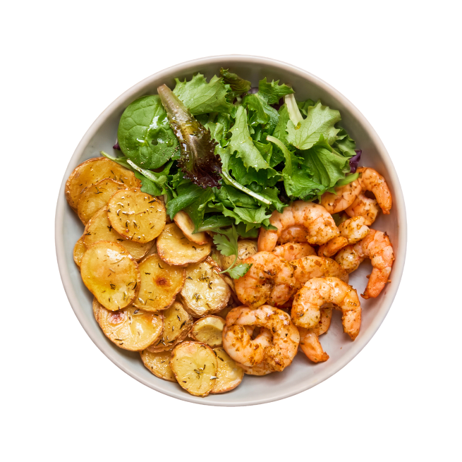 Crevettes au paprika, pommes de terre & salade